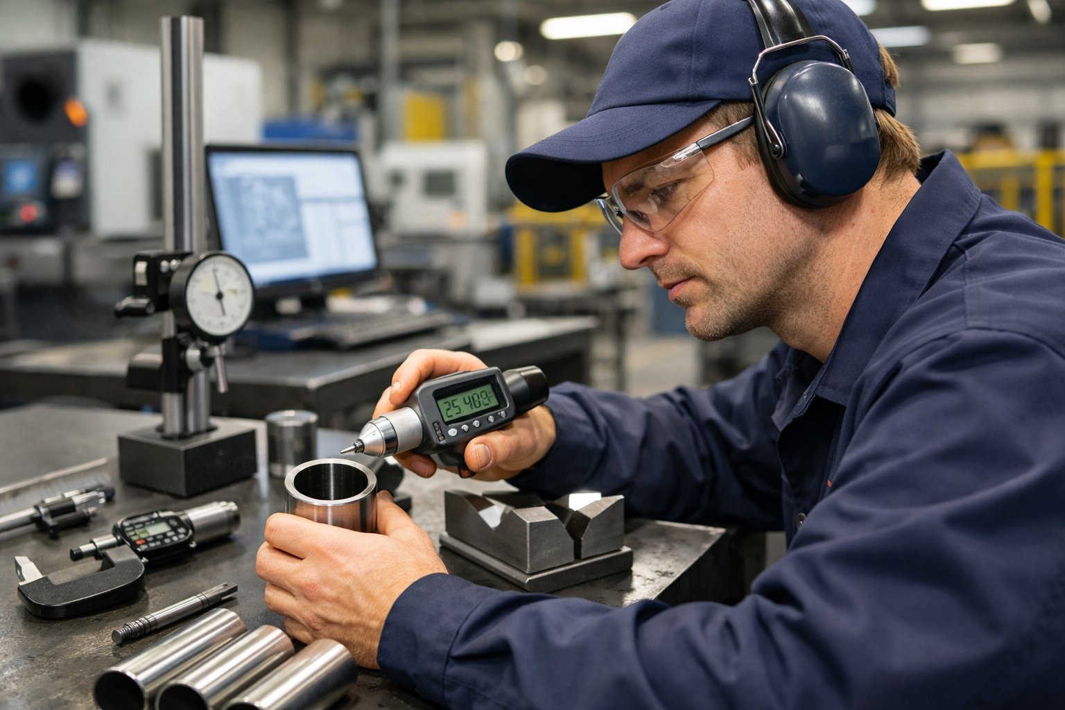 Quality control technician inspecting parts