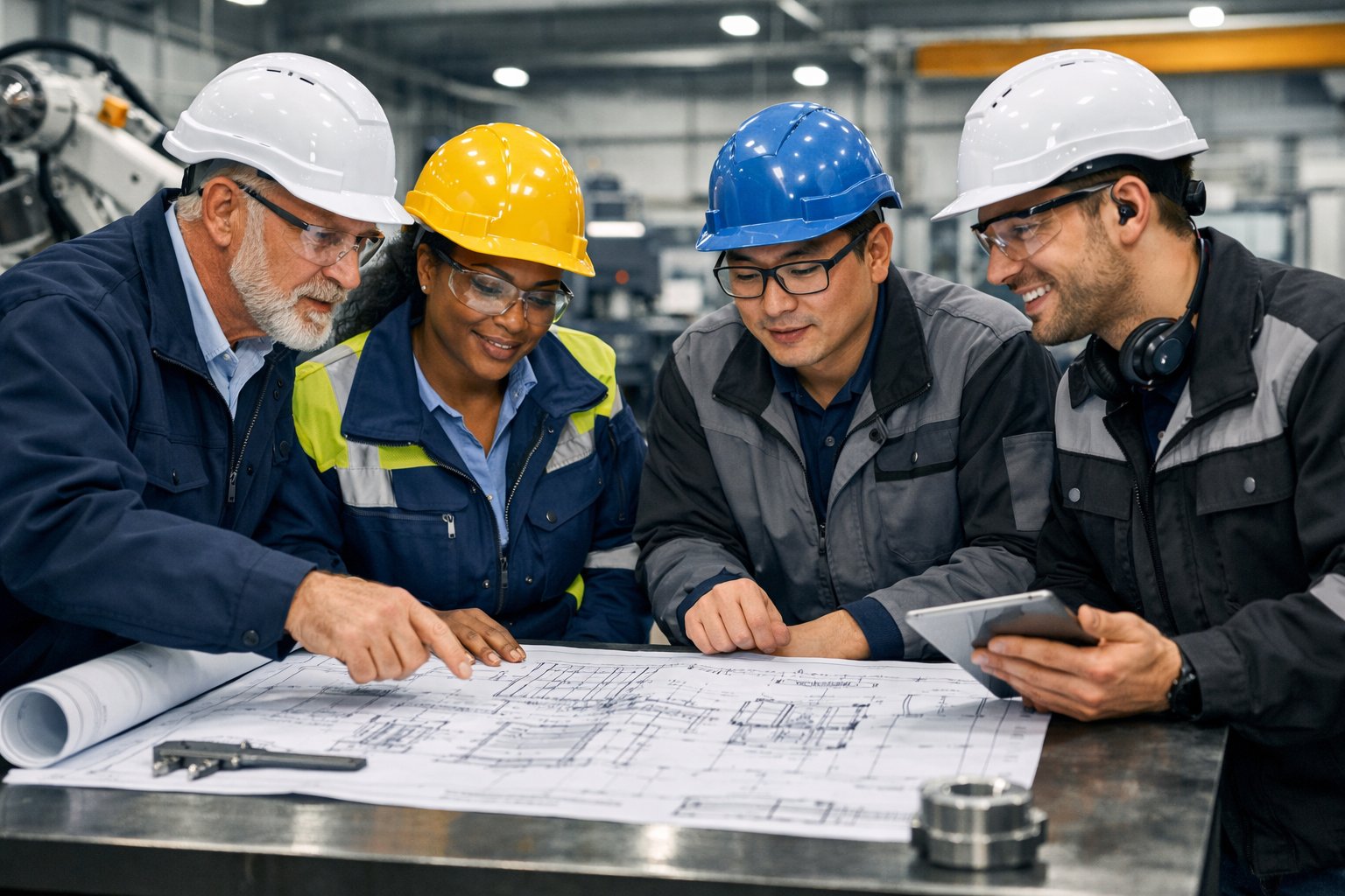 Engineering team reviewing project plans